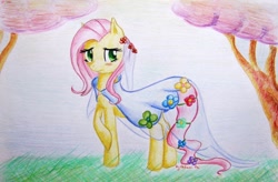 Size: 800x524 | Tagged: safe, artist:0okami-0ni, fluttershy, pegasus, pony, clothes, cute, dress, flower, wedding dress