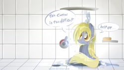 Size: 1191x670 | Tagged: safe, artist:kty159, derpy hooves, pegasus, pony, female, mare, shower, solo, wet mane