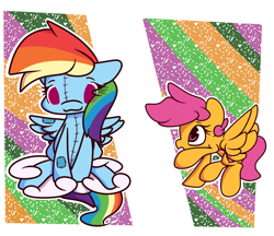 Size: 3216x2776 | Tagged: safe, artist:hedgehog-plant, derpibooru import, rainbow dash, scootaloo, pegasus, pony, :3, abstract background, cloud, female, filly, plushie, scootalove