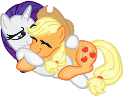 Size: 841x653 | Tagged: safe, artist:mrwoo6, applejack, rarity, earth pony, pony, unicorn, rarijack, shipping, snuggling