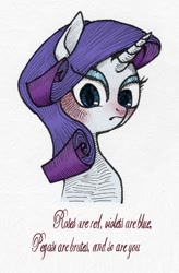 Size: 550x840 | Tagged: safe, artist:bikkisu, rarity, pony, unicorn, female, mare, purple mane, solo, text, white coat