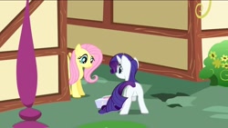 Size: 1136x640 | Tagged: safe, screencap, fluttershy, rarity, pegasus, pony, unicorn, party of one, female, mare, plot