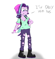 Size: 1058x1150 | Tagged: safe, artist:mildockart, starlight glimmer, equestria girls, spoiler:eqg specials, beanie, boots, breasts, cleavage, clothes, dialogue, female, hat, pants, solo, torn clothes