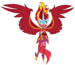 Size: 7413x6400 | Tagged: safe, artist:mixiepie, midnight sparkle, sunset shimmer, equestria girls, friendship games, absurd resolution, alternate universe, clothes, dark side, dress, fiery shimmer, fingerless gloves, gloves, glowing eyes, horn, mane of fire, midnight-ified, paint tool sai, simple background, solo, transparent background, vector, wings
