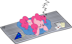 Size: 1980x1220 | Tagged: safe, artist:mellowbloom, pinkie pie, earth pony, pony, hat, party hat, recipe, sleeping, zzz