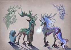 Size: 1753x1240 | Tagged: safe, artist:begasus, nightmare moon, queen chrysalis, changeling, changeling queen, deer, kirin, longma, moose, antlers, chrysmoon, cloven hooves, elk, female, fire, fire breath, horns, kirin chrysalis, kirin-ified, lesbian, longma nightmare moon, longmafied, mare, realistic anatomy, shipping, simple background, species swap, unshorn fetlocks