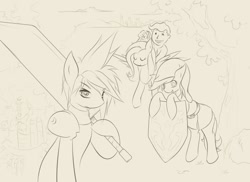 Size: 1196x873 | Tagged: safe, artist:v-invidia, fluttershy, human, pegasus, pony, cloud strife, fallout, final fantasy, final fantasy vii, grayscale, group, link, monochrome, the legend of zelda