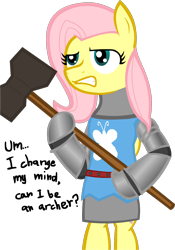 Size: 822x1174 | Tagged: safe, artist:jakethespy, fluttershy, pegasus, pony, armor, bipedal, chivalry, chivalry medieval warfare, dialogue, fantasy class, hammer, knight, simple background, solo, transparent background, warrior