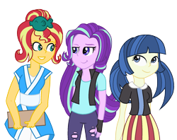 Size: 1705x1349 | Tagged: safe, artist:berrypunchrules, juniper montage, starlight glimmer, sunset shimmer, equestria girls, clothes, cute, doll, equestria girls minis, female, fingerless gloves, gloves, happi, obi, pants, pigtails, shirt, simple background, skirt, smiling, standing, sunset sushi, toy, toy interpretation, transparent background, twintails, vest