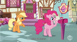 Size: 641x355 | Tagged: safe, screencap, applejack, pinkie pie, earth pony, pony, wonderbolts academy, youtube caption