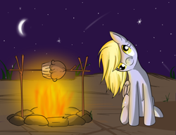 Size: 936x720 | Tagged: safe, artist:lilmisswaffles, derpy hooves, pegasus, pony, campfire, cute, female, fire, head tilt, literal spitroast, looking at you, mare, muffin, night, sitting, sky, smiling