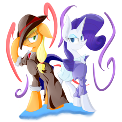 Size: 3000x3011 | Tagged: safe, artist:miroslav46, applejack, rarity, earth pony, pony, unicorn, costume, female, horn, mare