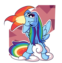 Size: 1659x1700 | Tagged: safe, artist:hedgehog-plant, derpibooru import, rainbow dash, pegasus, pony, :3, abstract background, cloud, female, head tilt, looking at you, mare, one eye closed, solo