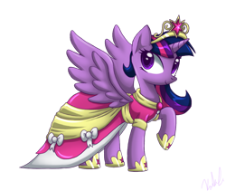 Size: 750x634 | Tagged: safe, artist:sanraia, derpibooru import, twilight sparkle, twilight sparkle (alicorn), alicorn, pony, clothes, coronation dress, dress, element of magic, elements of harmony, female, mare, princess, solo