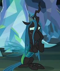 Size: 518x611 | Tagged: safe, screencap, ocellus, queen chrysalis, changedling, changeling, changeling queen, season 8, what lies beneath, adorkable, covering mouth, cropped, cute, cutealis, diaocelles, disguise, disguised changeling, dork, dorkalis, female, giggling, implied chrysalis, laughing, mare, nervous laugh, nightmare cave, raised hoof, shy, silly, silly pony, sitting, solo, spread wings, wings