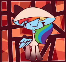 Size: 1800x1700 | Tagged: safe, artist:hedgehog-plant, derpibooru import, rainbow dash, pegasus, pony, :3, abstract background, eyes closed, female, hat, mare, solo