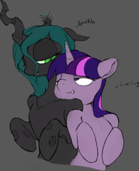 Size: 1280x1577 | Tagged: safe, artist:aenbrdraws, queen chrysalis, twilight sparkle, changeling, changeling queen, pony, bedroom eyes, bipedal, female, floppy ears, gray background, lesbian, looking at each other, mare, shipping, simple background, speech, twisalis