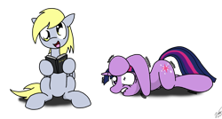 Size: 1823x974 | Tagged: safe, artist:sandwich-anomaly, derpy hooves, twilight sparkle, unicorn twilight, pegasus, pony, unicorn, book, female, hitchhiker's guide to the galaxy, lip bite, mare, shivering, vogon poetry