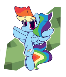 Size: 1715x2012 | Tagged: safe, artist:hedgehog-plant, derpibooru import, rainbow dash, pegasus, pony, abstract background, female, flying, looking at you, mare, smiling, solo, spread wings, underhoof, wings