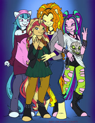 Size: 931x1200 | Tagged: safe, artist:kaemantis, adagio dazzle, aria blaze, sonata dusk, sunset shimmer, anthro, equestria girls, adoragio, ariabetes, bedroom eyes, clothes, cute, dazzling sun, family photo, female, grin, hoof boots, hug, lesbian, peace sign, sharp teeth, shimmerbetes, shipping, skull, smiling, smirk, sonatabetes, sunsagio, sunset shimmer gets all the dazzlings, sunset shimmer gets all the mares, the dazzlings