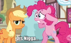 Size: 951x582 | Tagged: safe, edit, edited screencap, screencap, applejack, pinkie pie, earth pony, pony, wonderbolts academy, applejack is not amused, hub logo, image macro, meme, unamused