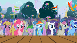 Size: 1365x768 | Tagged: safe, derpibooru import, screencap, amethyst star, bon bon, cherry berry, cloud kicker, daisy, derpy hooves, flower wishes, fluttershy, lemon hearts, lightning bolt, linky, minuette, parasol, pinkie pie, rainbow dash, rarity, shoeshine, sparkler, spike, sunshower raindrops, sweetie drops, white lightning, dragon, earth pony, pegasus, pony, unicorn, applebuck season, background pony, background pony audience, female, mare