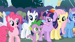 Size: 1365x768 | Tagged: safe, derpibooru import, screencap, cherry berry, daisy, derpy hooves, flower wishes, fluttershy, lemon hearts, lightning bolt, linky, minuette, pinkie pie, rainbow dash, rarity, shoeshine, spike, twilight sparkle, twinkleshine, white lightning, dragon, earth pony, pegasus, pony, unicorn, applebuck season, female, mare, out of context