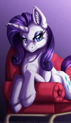 Size: 800x1367 | Tagged: safe, artist:inuhoshi-to-darkpen, rarity, pony, unicorn, chest fluff, ear fluff, ears, fainting couch, female, looking at you, mare, prone, realistic, reclining, smiling, smiling at you, sofa, solo, unshorn fetlocks