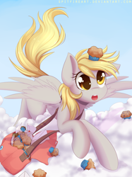 Size: 1280x1707 | Tagged: safe, artist:spittfireart, derpy hooves, pegasus, pony, bag, cloud, cute, female, letter, mail, mailbag, mailmare, mare, muffin, solo
