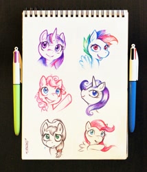 Size: 1029x1200 | Tagged: safe, artist:darkdoomer, derpibooru import, applejack, fluttershy, pinkie pie, rainbow dash, rarity, twilight sparkle, earth pony, pegasus, pony, unicorn, bic pen, bust, inktober, inktober 2017, mane six, pen, pen drawing, portrait, sad, traditional art