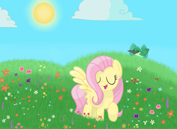 Size: 947x695 | Tagged: safe, artist:fluttershyfree, fluttershy, hummingbird, pegasus, pony, female, mare, solo