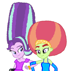 Size: 892x896 | Tagged: safe, artist:ktd1993, starlight glimmer, tree hugger, equestria girls, afro, alternate hairstyle, beehive hairdo, crack shipping, equestria girls-ified, female, lesbian, shipping, starhugger