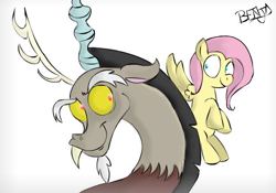 Size: 500x350 | Tagged: safe, artist:benja, discord, fluttershy, draconequus, pegasus, pony, female, looking at each other, mare