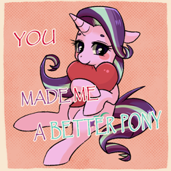 Size: 800x800 | Tagged: safe, artist:phyllismi, starlight glimmer, pony, unicorn, blushing, cute, eyebrows, female, floppy ears, heart, hug, looking at you, mare, smiling, solo, text, valentine's day card