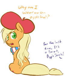 Size: 433x501 | Tagged: safe, artist:mt, applejack, earth pony, pony, beret, french, simple background, sitting, solo