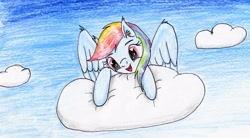 Size: 2810x1554 | Tagged: safe, artist:40kponyguy, derpibooru exclusive, derpibooru import, rainbow dash, pegasus, pony, 30 minute art challenge, cloud, looking down, solo, spread wings, traditional art, wings