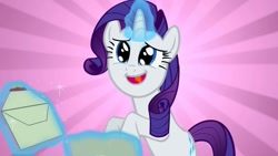 Size: 1136x639 | Tagged: safe, edit, edited screencap, screencap, rarity, pony, unicorn, sweet and elite, envelope, faic, inverted mouth, letter, levitation, magic, solo, sunburst background, telekinesis