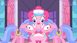 Size: 1280x720 | Tagged: safe, edit, edited screencap, screencap, pinkie pie, royal ribbon, earth pony, pony, the best night ever, derp, grand galloping gala, mirrored, nightmare fuel, unitinu, wat