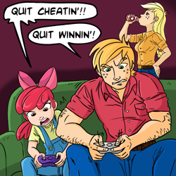 Size: 945x945 | Tagged: source needed, safe, artist:megasweet, artist:rustydooks, apple bloom, applejack, big macintosh, controller, dialogue, drinking, eyebrows visible through hair, female, humanized, male, siblings, speech bubble, video game