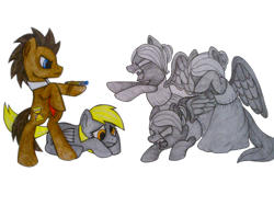 Size: 1024x768 | Tagged: safe, artist:lemon-death, derpy hooves, doctor whooves, pegasus, pony, doctor who, female, mare, ponified, sonic screwdriver, traditional art, weeping angel