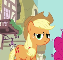 Size: 793x757 | Tagged: safe, screencap, applejack, pinkie pie, earth pony, pony, wonderbolts academy, applejack is not amused, cropped, fourth wall, unamused