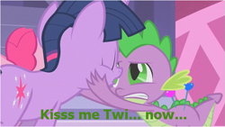 Size: 641x362 | Tagged: safe, derpibooru import, edit, edited screencap, screencap, pinkie pie, spike, twilight sparkle, dragon, earth pony, pony, unicorn, green isn't your color, caption, female, male, mare, out of context, pincushion spike