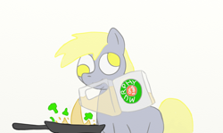 Size: 1024x610 | Tagged: safe, artist:evetssteve, derpy hooves, pegasus, pony, cooking, female, jug, mare, mouth hold, pan, solo