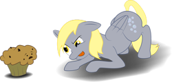 Size: 1024x492 | Tagged: safe, artist:shinigami388, derpy hooves, pegasus, pony, female, mare, muffin, solo, stalking, tongue out