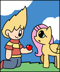 Size: 1513x1809 | Tagged: safe, artist:kingmunchy, fluttershy, human, apple, crossover, lucas, mother, mother 3