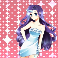 Size: 600x600 | Tagged: safe, artist:lamidien, rarity, human, anime, bare shoulders, clothes, colored pupils, cute, dress, female, hand on hip, horned humanization, humanized, looking at you, raribetes, skinny, solo, strapless