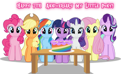 Size: 6512x4000 | Tagged: safe, artist:cyberapple456, derpibooru import, applejack, fluttershy, pinkie pie, rainbow dash, rarity, starlight glimmer, twilight sparkle, twilight sparkle (alicorn), alicorn, earth pony, pegasus, pony, unicorn, cake, food, frosting, happy birthday mlp:fim, hat, heart, mane six, mlp fim's seventh anniversary, ponytail, rainbow, simple background, table, transparent background, vector