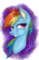 Size: 720x1084 | Tagged: safe, artist:sweetkllrvane, derpibooru import, rainbow dash, pegasus, pony, bust, female, grin, mare, signature, simple background, smiling, solo, transparent background