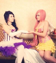 Size: 573x640 | Tagged: safe, artist:elvish, fluttershy, rarity, human, clothes, cosplay, irl, irl human, photo, stockings