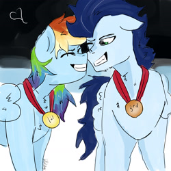 Size: 2400x2400 | Tagged: safe, artist:captainloafnugget, derpibooru import, rainbow dash, soarin', pegasus, pony, female, male, medal, nuzzling, shipping, soarindash, straight